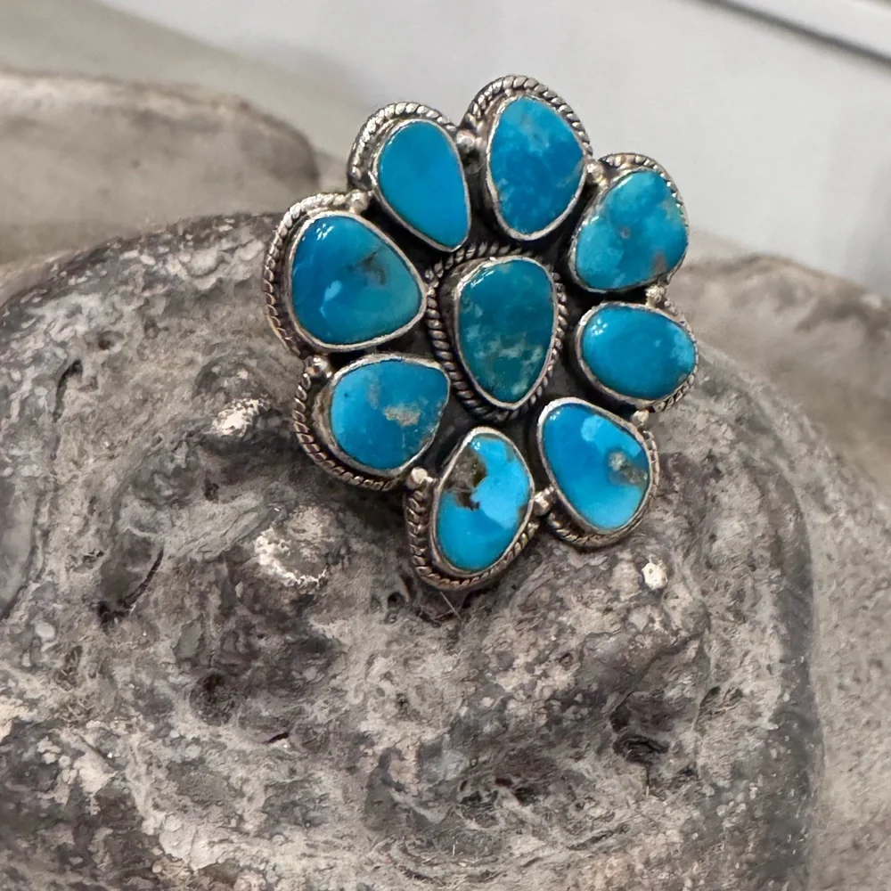 TURQUOISE/SILVER CLUSTER RING - Picture 7 of 12